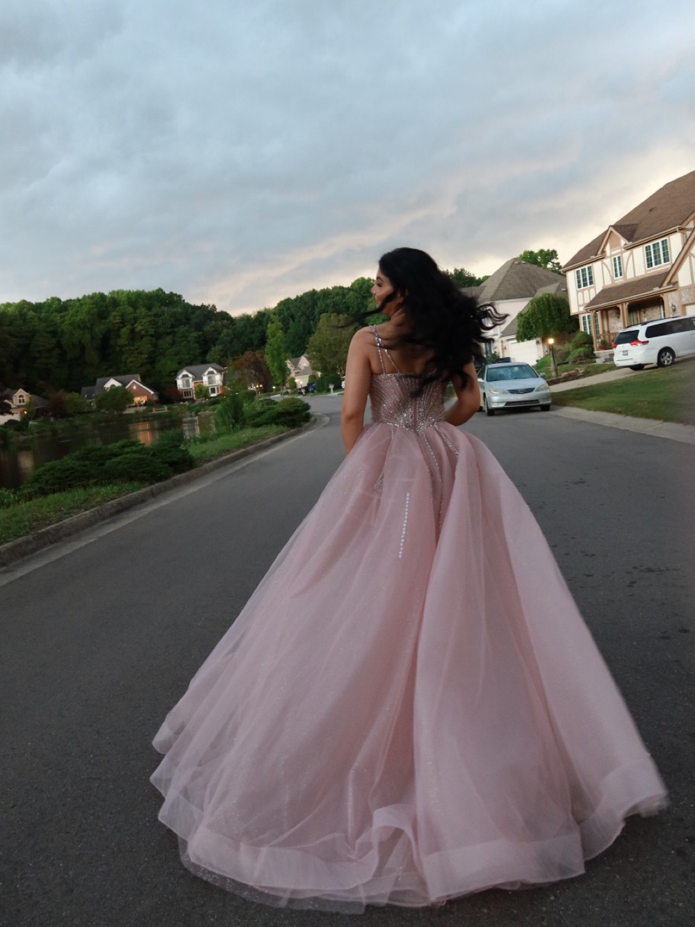 Embellished Pink Tulle Prom Gown with Crystal Accents - Picture 3 of 5